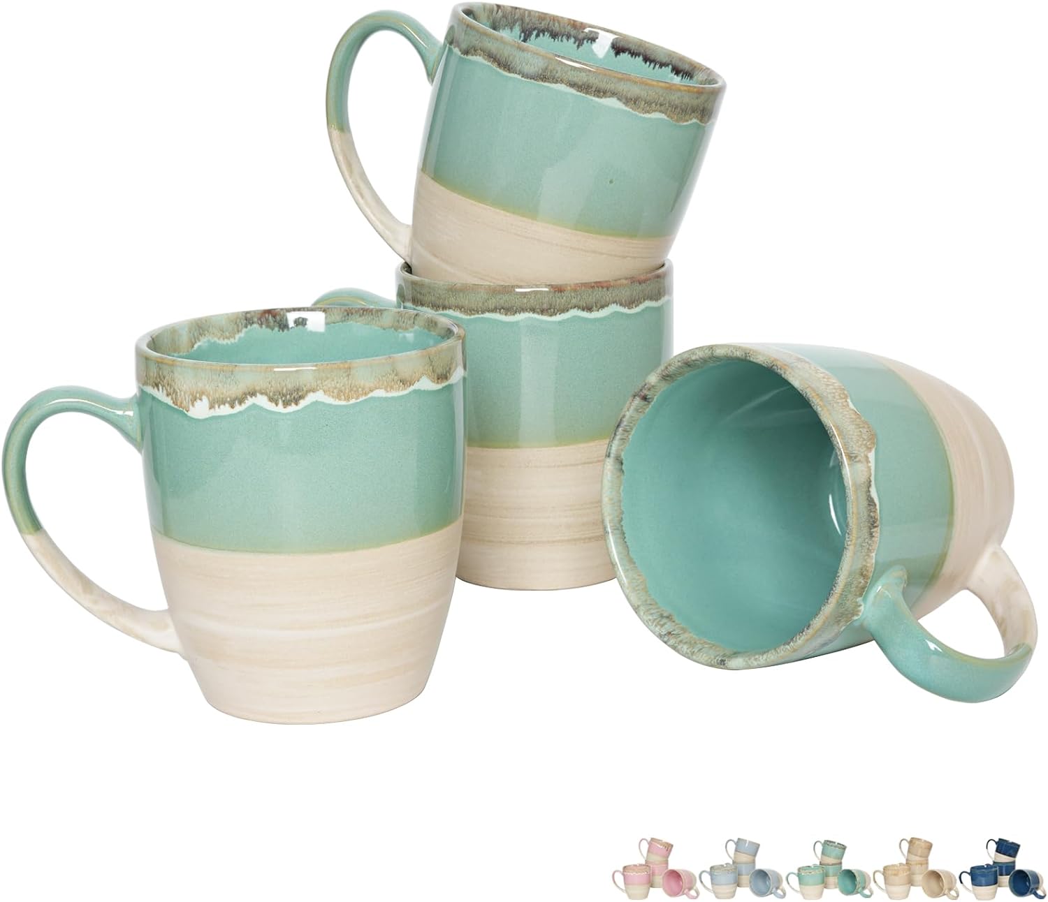 Ceramic Coffee Mug Set of 4, 16 Oz, 5 Colors to Choose, Tea Cups, Dishwasher and Microwave Safe, Reactive Glaze (Green)