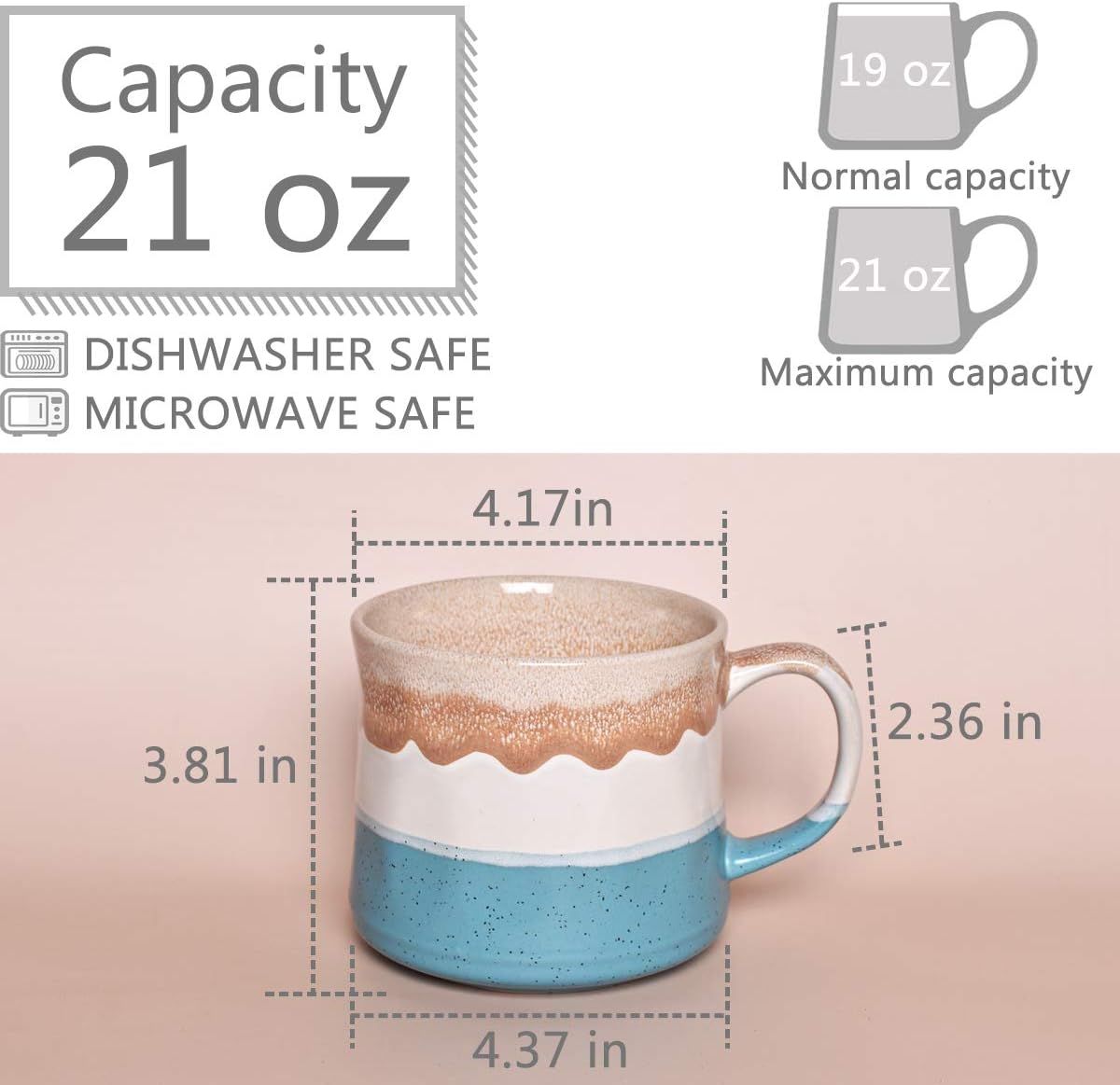 Large Ceramic Coffee Mug, Big Tea Cup, 7 Colors to Choose, 21 Oz, Dishwasher and Microwave Safe, 1 PCS (Blue&White) - Image 2