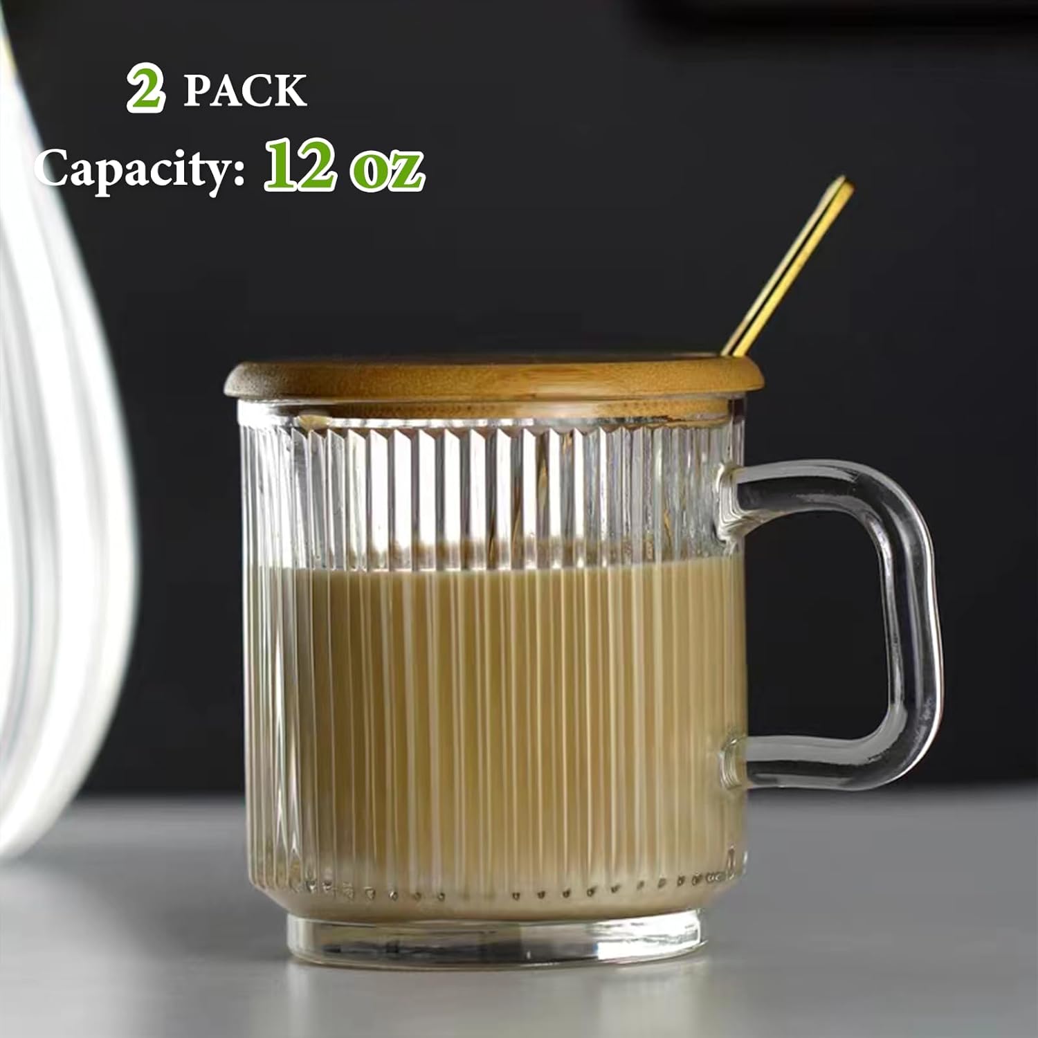 2 PACK Glass Coffee Mugs with Handle & Spoon, 12 OZ Glass Coffee Cups with Bamboo Lid, Ribbed Glass Cups, Clear Tea Cup for Hot/Cold Beverages, Glassware Set for Americano, Latte, Cappuccino - Image 2