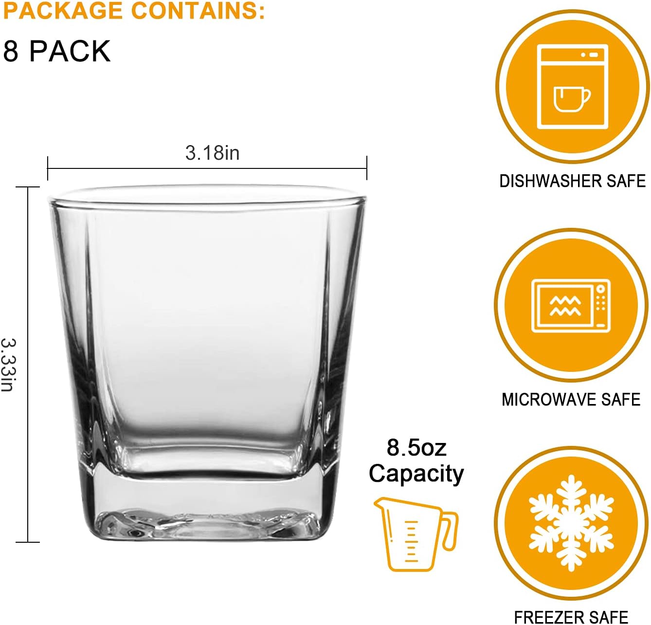 Drinking Glasses Set of 8, Glassware Set Includes 8 Rocks Glasses Heavy Base Glass Cups for Water, Juice, Beer, Wine, and Cocktails - Image 2