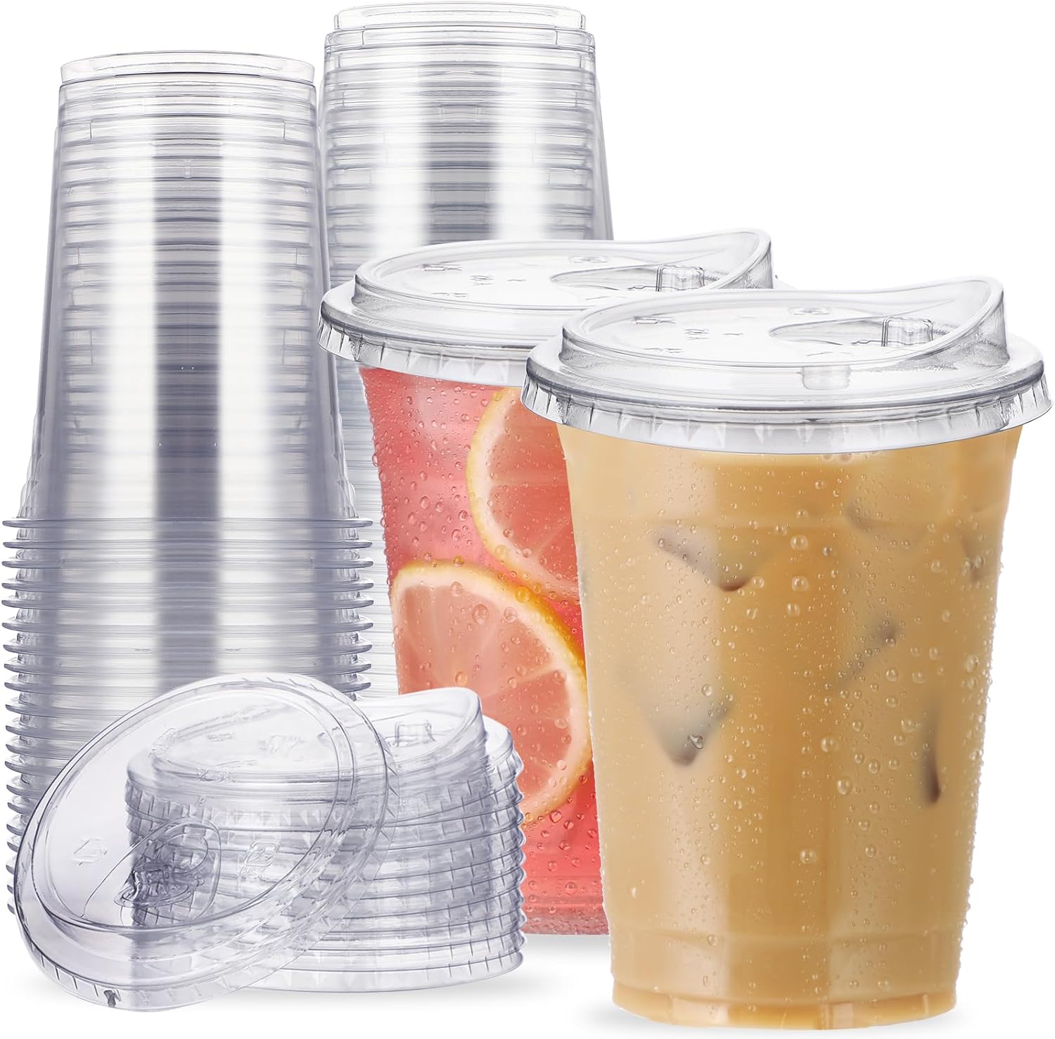 16 oz Clear Plastic Cups with Strawless-Sip-Lids, 25 Sets Disposable Cups Plastic Iced Coffee Cups, To Go Cups with Sip Through Lids for Smoothie, Milkshake, Cold Drinks for Party, Wedding, Event