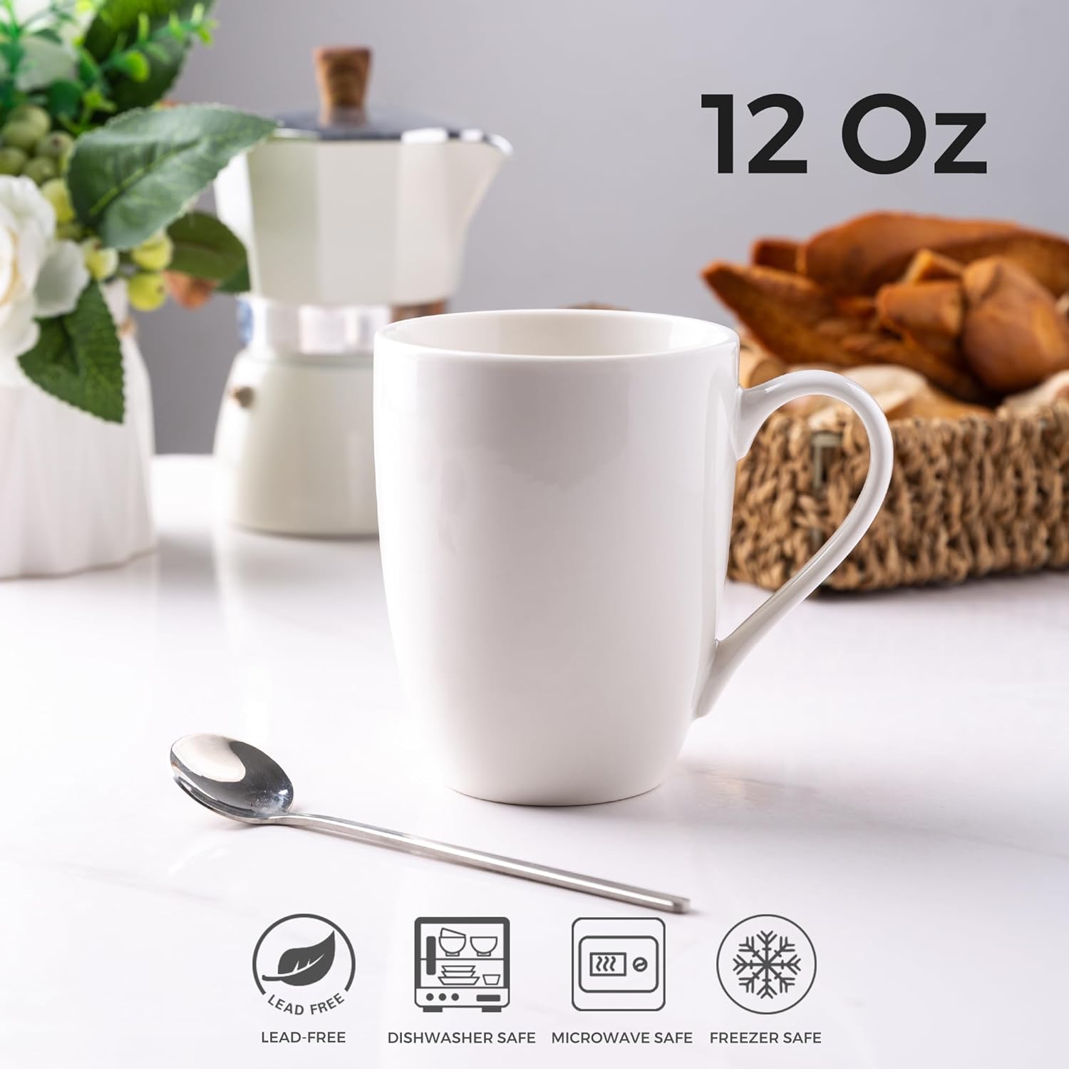 12oz Off White Coffee Mugs Set of 12, Ceramic Coffee Mugs with Large Handle for Man, Woman, Light Weight Coffee Mugs Set for Latte/Cappuccino/Cocoa/Milk, Dishwasher & Microwave Safe, 12Pcs - Image 2