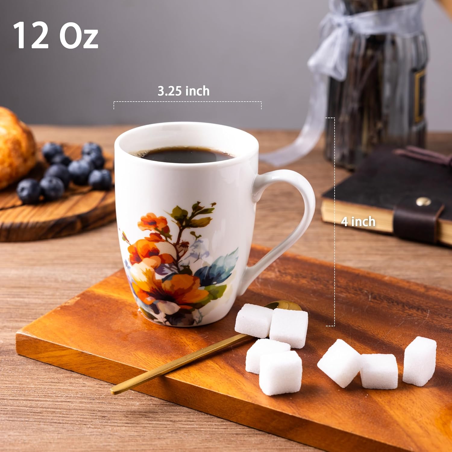 12oz Coffee Mugs Set fo 4, Ceramic Coffee Mugs with Decaled Flowers for Man Woman Mom Dad, Light Weight Coffee Mugs Set for Latte/Cappuccino/Cocoa/Milk, Dishwasher & Microwave Safe - Image 2