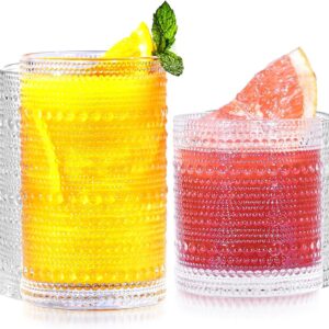 Vintage  Drinking Glasses Set of 12-14 oz Old Fashioned Water Glass Cups & 11 oz Cocktail Glasses, Aesthetic Kitchen Bar Tumbler Glassware Gifts Sets for Smoothie, Juice, Coffee, Wine