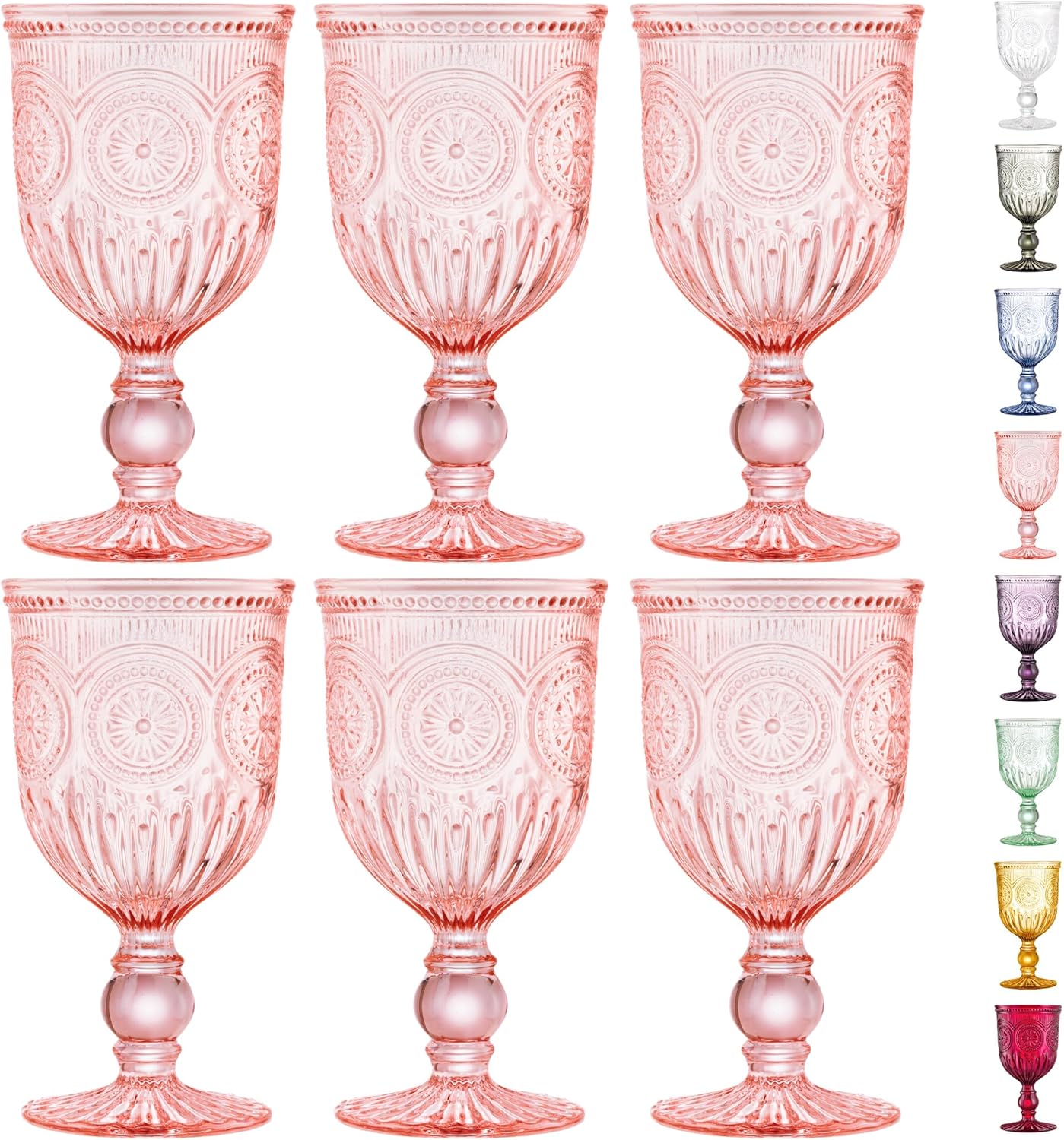 Pink Wine Glasses set of 6 pink goblets, dishwasher safe vintage pink glassware, pink drinking glasses for a baby shower, wedding, or fancy glassware for everyday.